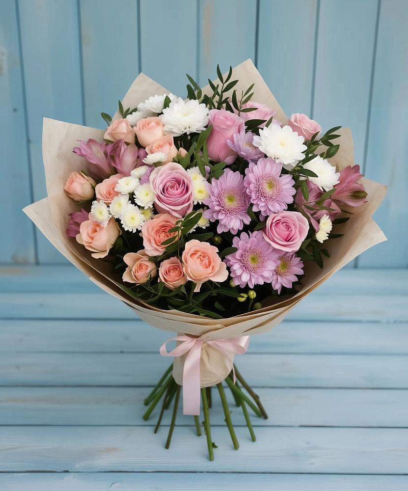 Букет цветов из: Хризантемы, Розы и Альстромерии в Мегете