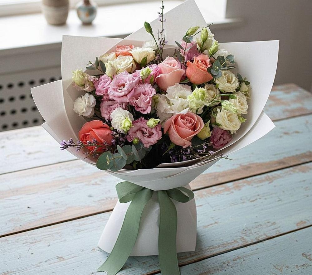 Букет цветов из: Розы, Лизиантусы и Гвоздики в Мегете