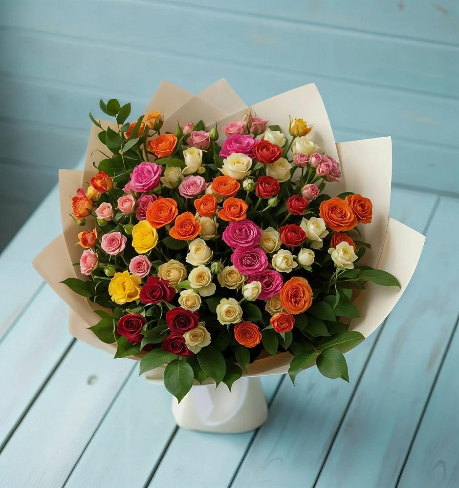 Букет Микс из разноцветных кустовых роз в Мегете