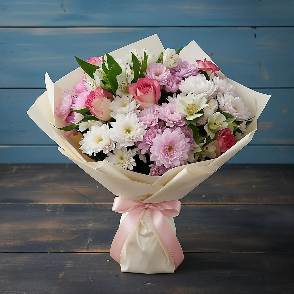 Букет цветов из: Хризантемы, Альстромерии и Розы в Мегете